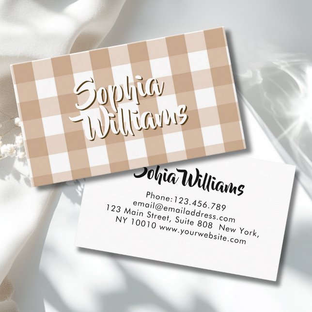 Brun Beige Gingham Rutig Visitkort (Brown Beige Gingham Checkered Business Card)