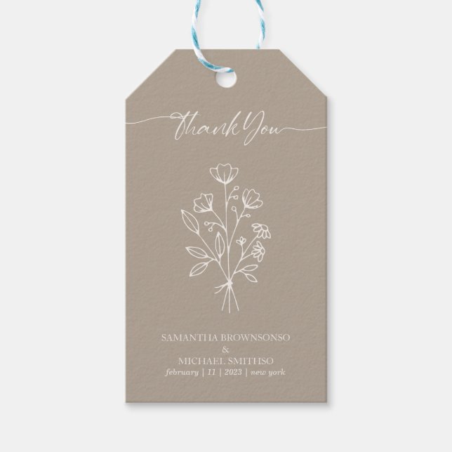 Brun Beige Kalligrafi Boho Botaniska Tack Presentetikett (Framsidan)