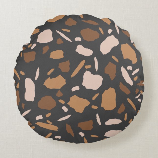 Brun, Beige, Tan och Grå Terrazzo Marmor Rund Kudde (Framsidan)