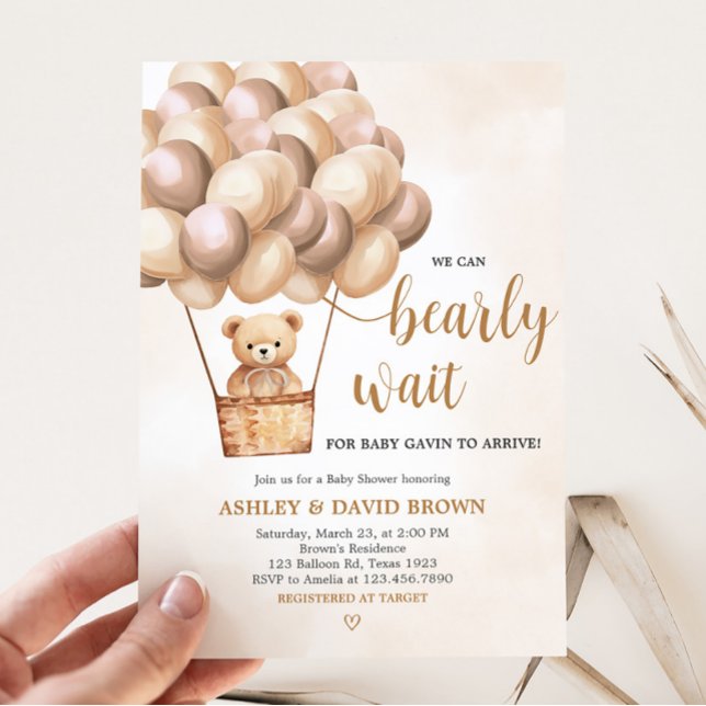 Brun björn, babyskor för Luftballong Inbjudningar (Boho Brown Bear Baby Shower Invitation)