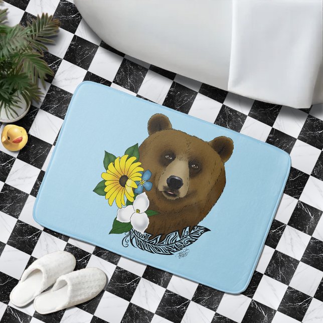 Brun Björn Blå Blommor Fjäder Vilda Djur Badrumsmatta (Skapare uppladdad)