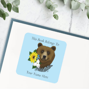 Brun Björn Blå Blommor Fjäder Vilda Djur Bokmärke Fyrkantigt Klistermärke