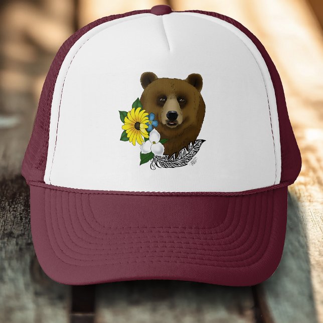 Brun Björn Blå Blommor Fjäder Vilda Djur Keps (Skapare uppladdad)