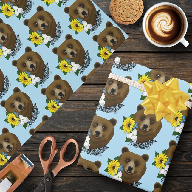 Brun Björn Blå Blommor Fjäder Vilda Djur Presentpapper (Skapare uppladdad)
