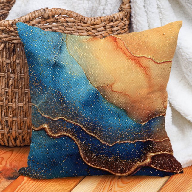 Brun blå Abstrakt Alcohol Bläck Artistic Kudde (Teal/blue and orange marbled abstract decorator pillow)