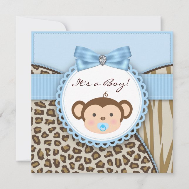 Brun Blå Apa Baby Pojke Shower Inbjudningar (Framsida)