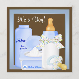 Brun Blå Flaska Smultron Pojke Baby Shower Inbjudningar