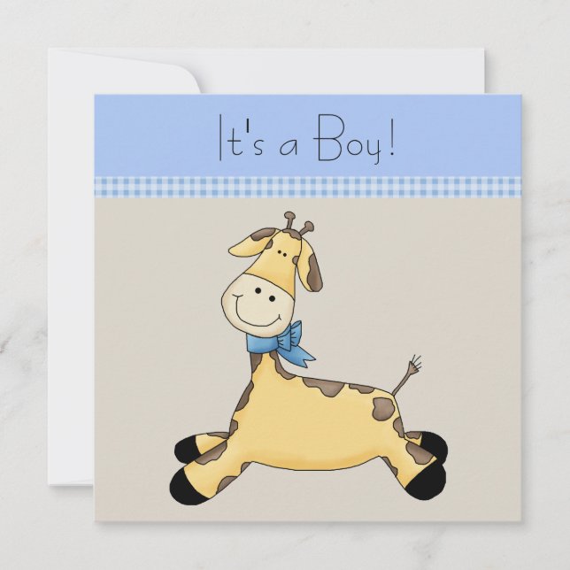Brun Blå Giraff Baby Pojke Bebisdopp Inbjudningar (Framsida)