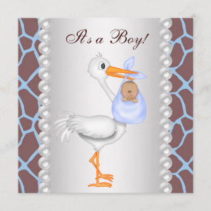 Brun Blå Giraff Stork Baby Pojke Dopp Inbjudningar