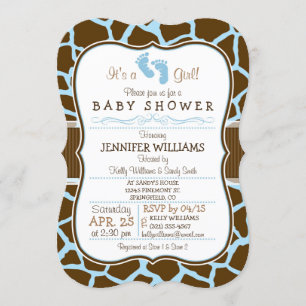 Brun, blå Giraffe Animal Print Baby Shower Inbjudningar