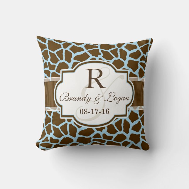 Brun, blå Giraffe Animal Print Bröllop Kudde (Framsida)