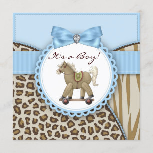 Brun Blå Gunghäst Baby Boy Shower Inbjudningar