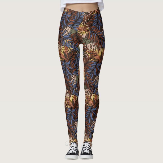 Brun/blå Tropiska Löv Kvinnliga ben Leggings (Framsida)