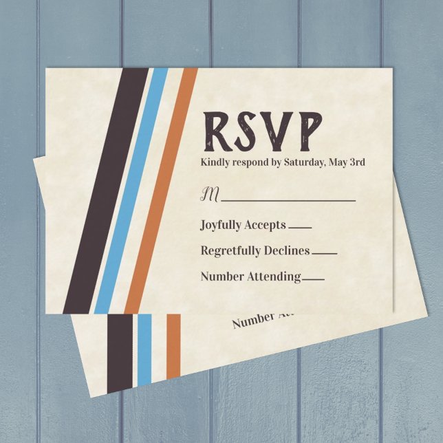 Brun, Blådiagonal Rand Pub Mitzvah OSA kort (Retro stylish bar mitzvah rsvp cards with caramel brown, blue, and eggplant purple stripes)