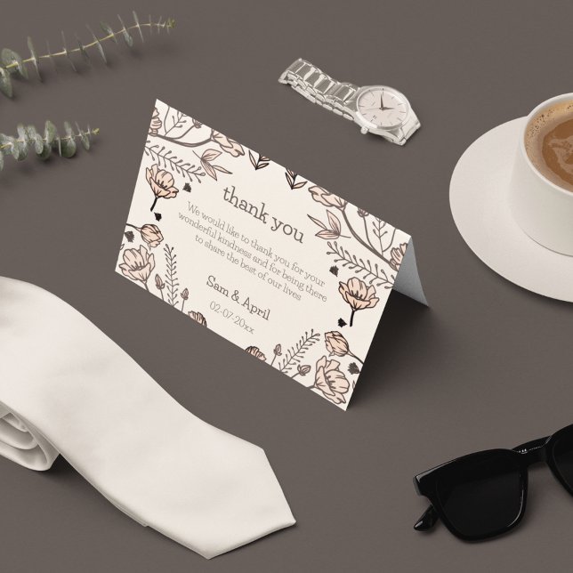 Brun Blommig Bröllopstema Tack Kort (Thank you card to place on guest table with a royal floral theme)