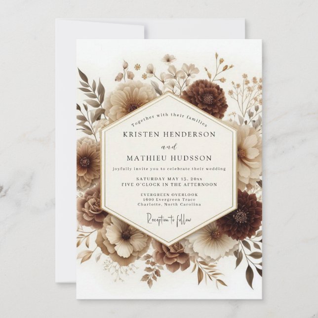 Brun Blommig Skog Bröllop Inbjudningar (Framsida)
