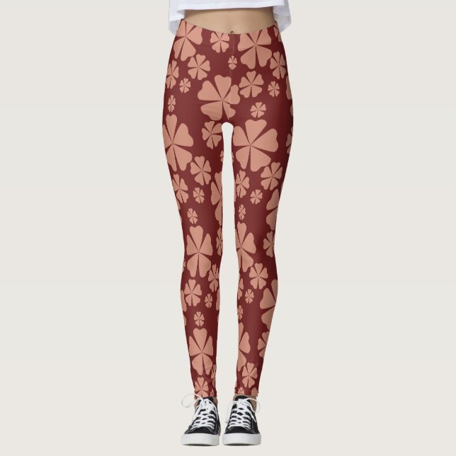 Brun Blommigt Abstrakt Mönster Leggings (Framsida)