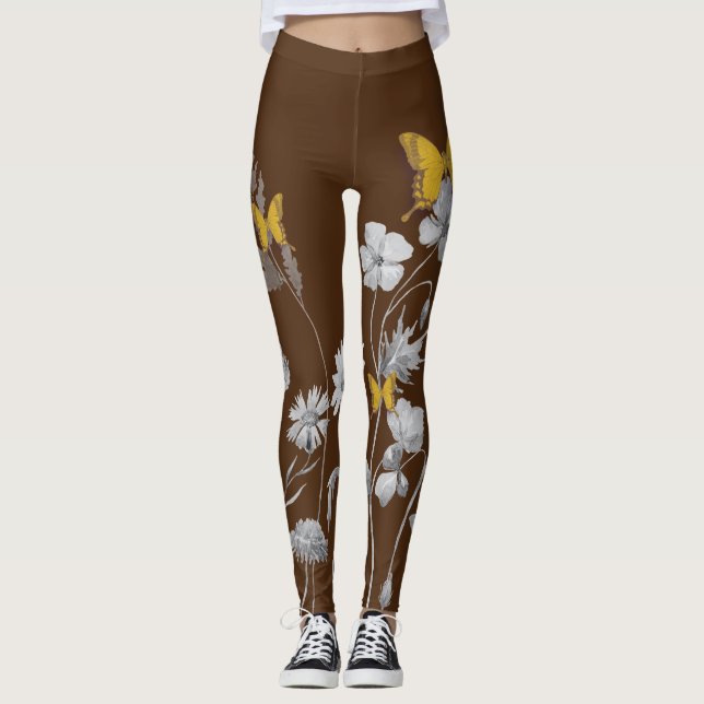 Brun blommigt- och fjärilspapper leggings (Framsida)