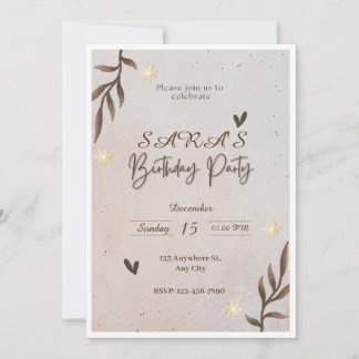 Brun Blommigt Watercolor Lövs Birthday-inbjudan Inbjudningar