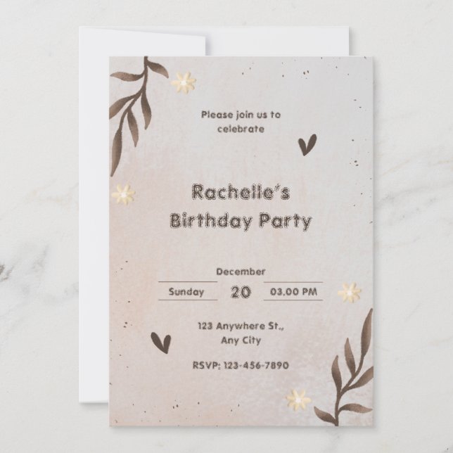 Brun Blommigt Watercolor Lövs Birthday-inbjudan Inbjudningar (Framsida)