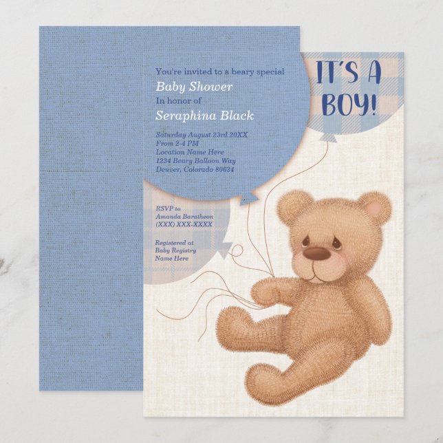 Brun Blue Boys Nalle Baby Shower-inbjudan Inbjudningar (Fram/baksida)