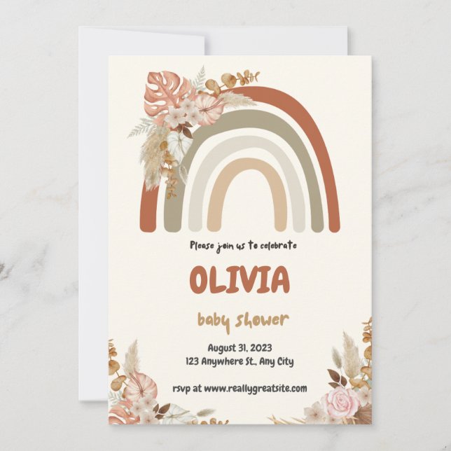 Brun Boho Rainbow Baby Shower-inbjudan Spara Datumet (Framsida)