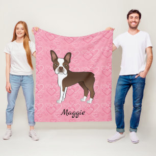 Brun Boston Terrier Hund På Rosa Hjärtan Och Namn Fleecefilt