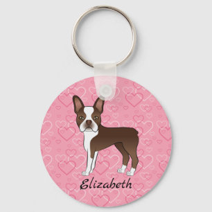 Brun Boston Terrier Hund På Rosa Hjärtan Och Namn Nyckelring