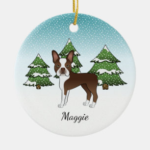Brun Boston Terrier i en vinterskog & namn Julgransprydnad Keramik