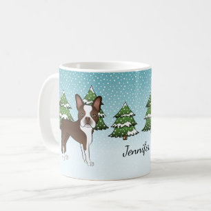 Brun Boston Terrier i en vinterskog & namn Kaffemugg