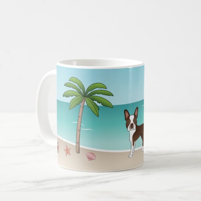 Brun Boston Terrier på en tropisk sommarstrand Kaffemugg (Framsida vänster)