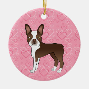 Brun Boston Terrier på rosa hjärtan Husdjur Minnes Julgransprydnad Keramik
