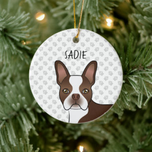 Brun Boston Terrier Serieteckning Hundhuvud & Hund Julgransprydnad Keramik