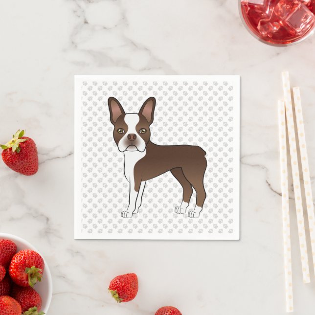 Brun Boston Terrier Söt Tecknad Hund & Tassar Pappersservett (Insitu)