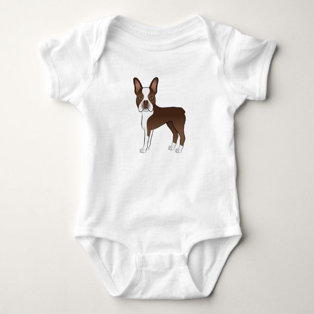 Brun Boston Terrier Sött Serieteckning Hund Design T Shirt (Framsida)