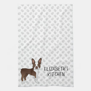 Brun Boston Terrier Tecknad Hund & Anpassad Text Kökshandduk
