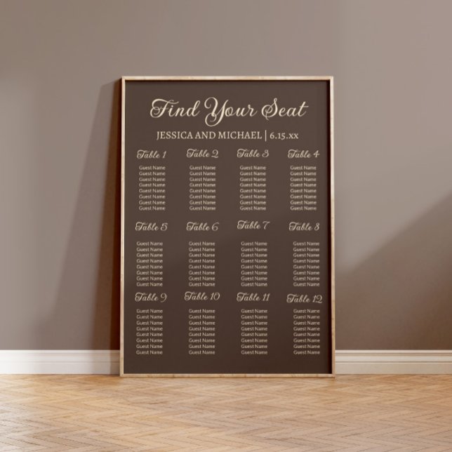 Brun Bröllopsmottagning Placeringsplan Poster (Elegant brown wedding seating chart)