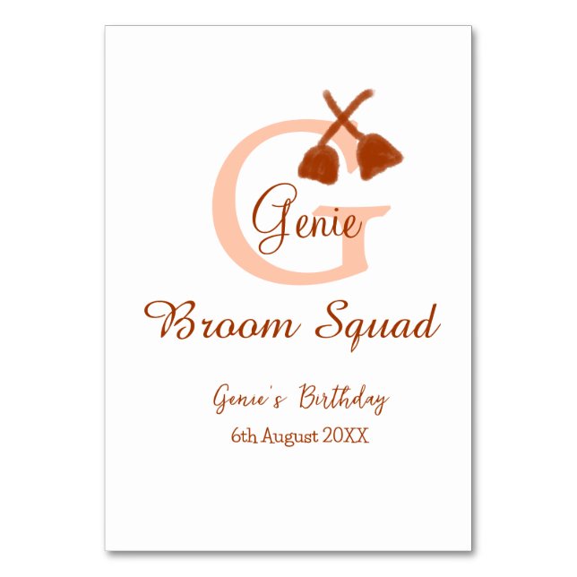 Brun broom Squad Birthday namn peach monogram Bordsnummer (Framsidan)