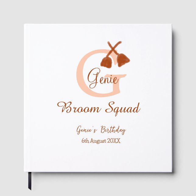 Brun broom Squad Birthday namn peach monogram Gästböcker (Framsida)