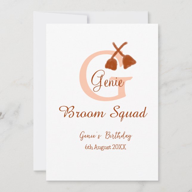 Brun broom Squad Birthday namn peach monogram Inbjudningar (Framsida)