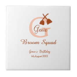 Brun broom Squad Birthday namn peach monogram Kakelplatta