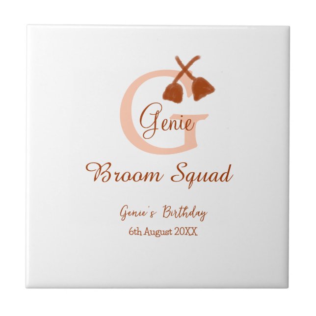 Brun broom Squad Birthday namn peach monogram Kakelplatta (Framsidan)