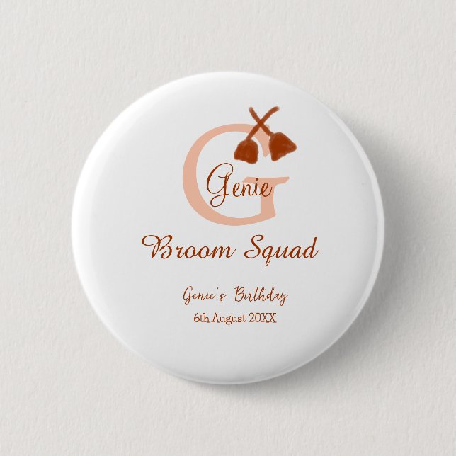 Brun broom Squad Birthday namn peach monogram Knapp (Framsida)