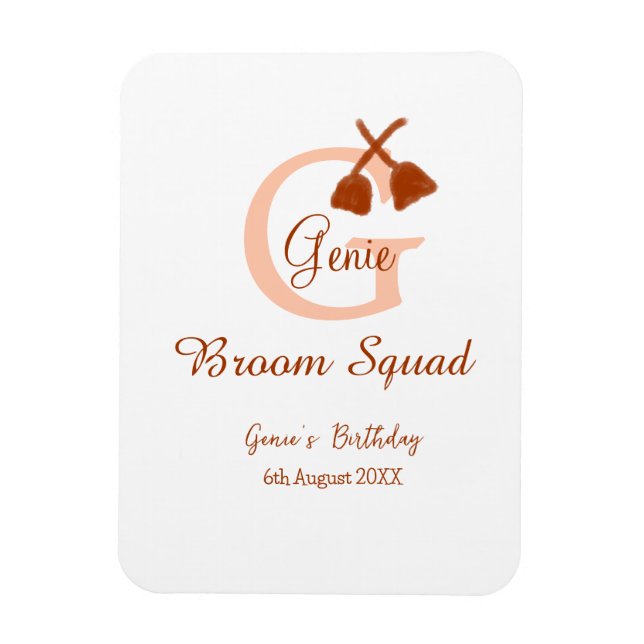 Brun broom Squad Birthday namn peach monogram Magnet (Vertikal)