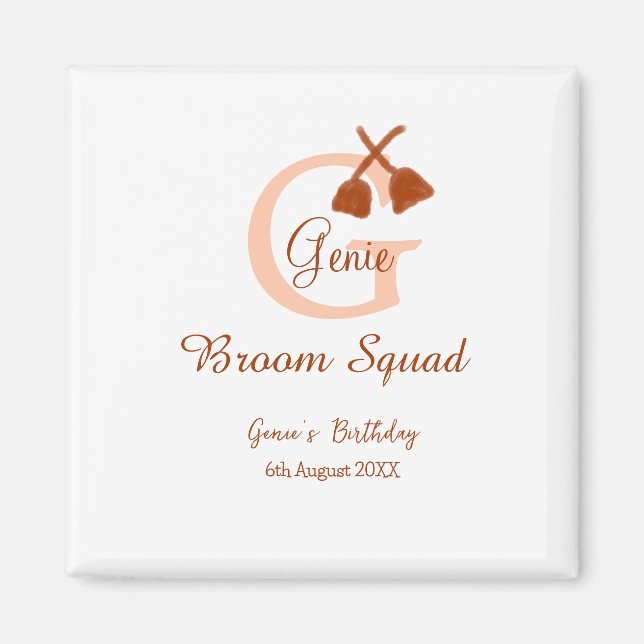 Brun broom Squad Birthday namn peach monogram Magnet (Framsidan)