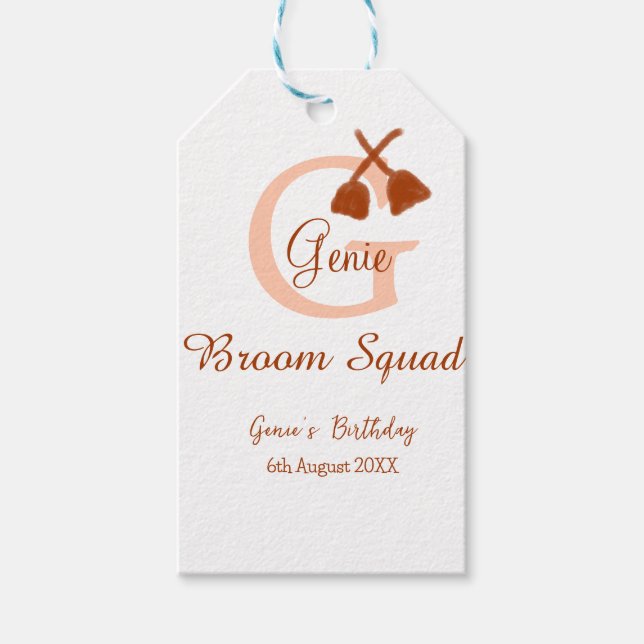 Brun broom Squad Birthday namn peach monogram Presentetikett (Framsidan)