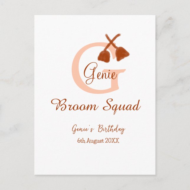 Brun broom Squad Birthday namn peach monogram Vykort (Framsida)