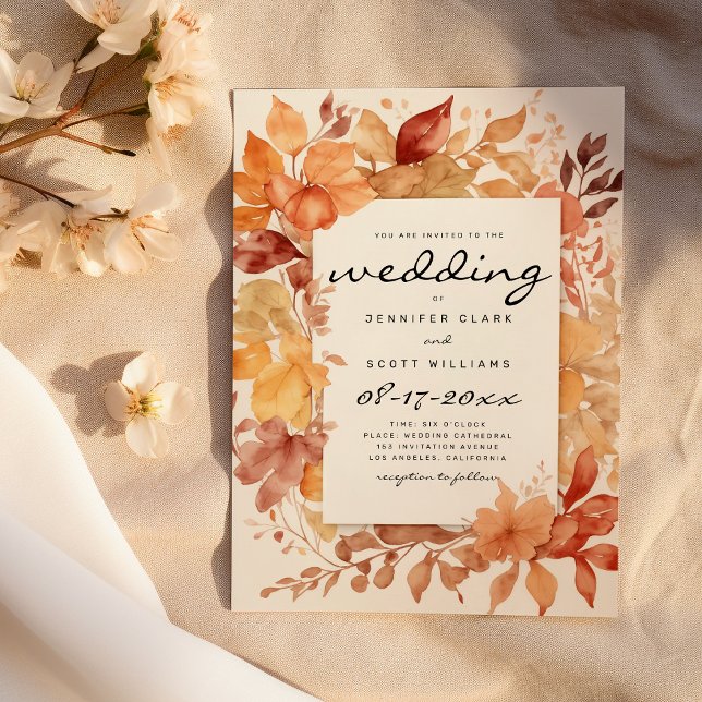Brun burgundröd orange löv Höst bröllop Inbjudningar (Brown burgundy red orange leaves Autumn wedding)