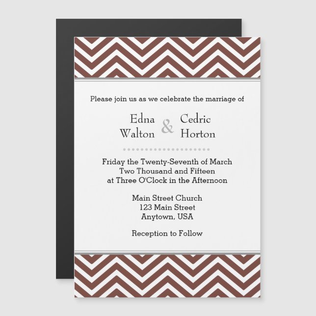 Brun Chevron Magnetic Wedding-inbjudan Magnetisk Inbjudningskort (Fram/baksida)