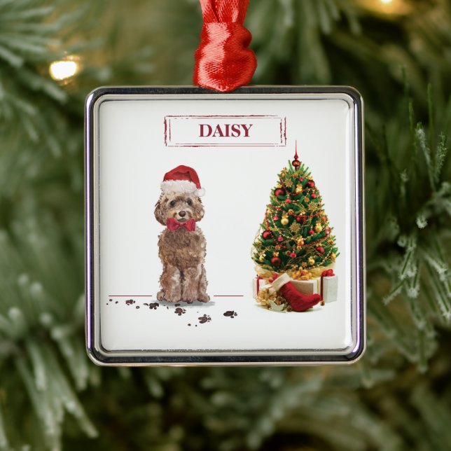 Brun Cockapoo Rolig Jul Hund och Träd Julgransprydnad Metall (Träd)